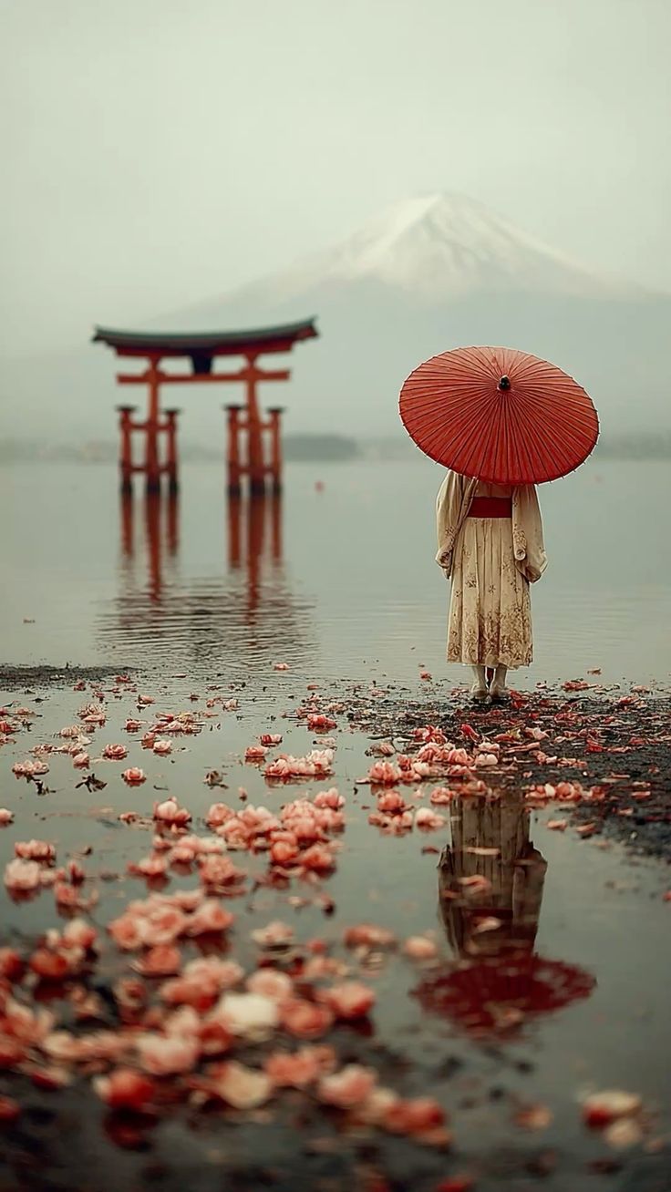Persona con sombrilla roja frente a un torii y el monte Fuji, con pétalos de cerezo en el agua