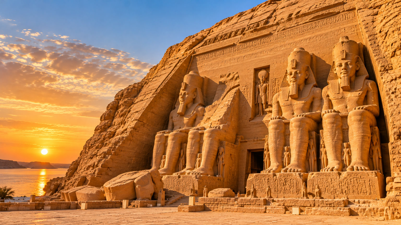 Los templos de Abu Simbel, con la fachada monumental y las estatuas de Ramsés II
