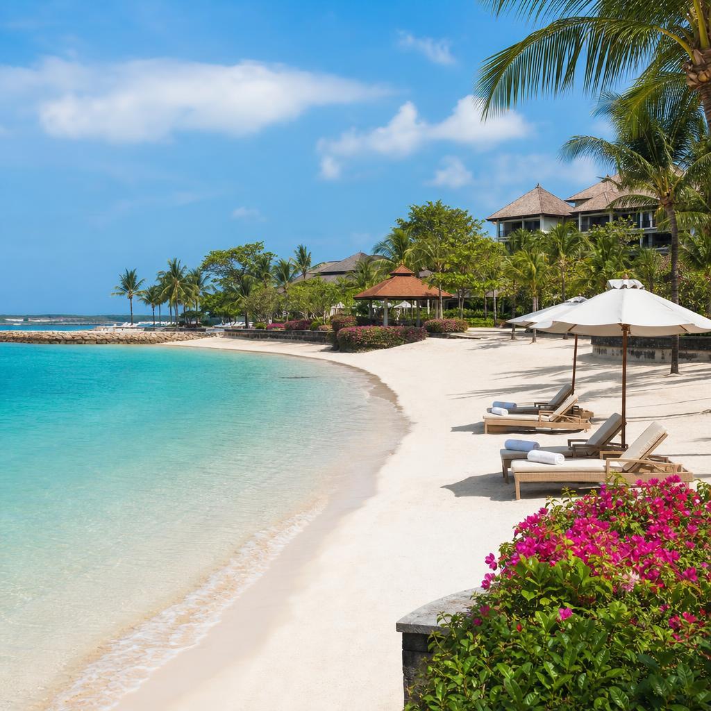 Playa tropical de Bali con agua turquesa, arena clara y palmeras