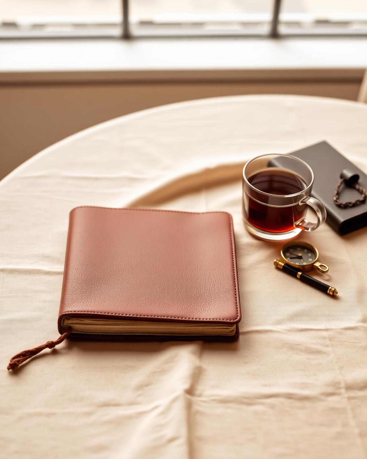 Cuaderno de viaje, brújula y té sobre un mantel de lino